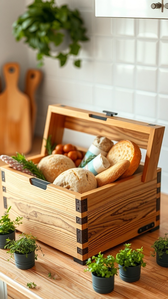 A wooden bread box filled with assorted breads and snacks, surrounded by fresh herbs on a kitchen countertop.